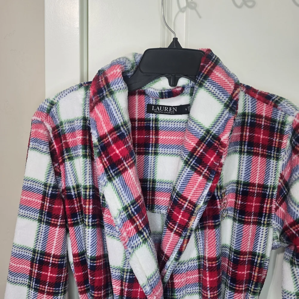 NWT Lauren Ralph Lauren Ivory Plaid Plush Bath Robe Size Small Cozy Warm Lounge